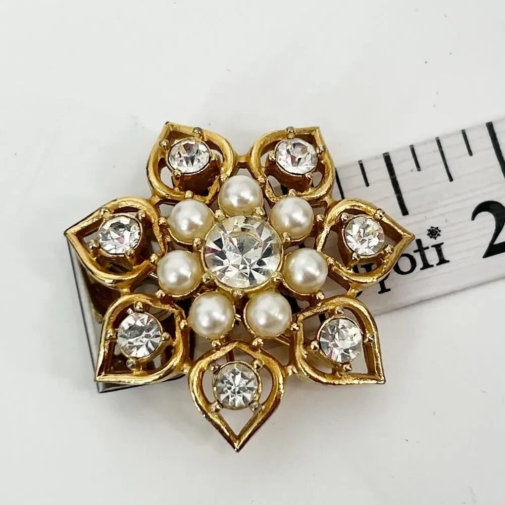 Vintage Sarah Coventry Brooch STARLIT Rhinestone Faux Pearl Gold Tone Costume